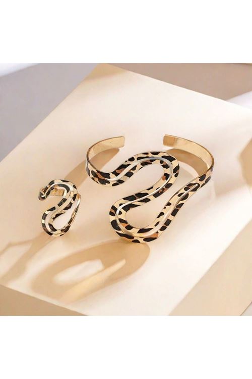 Leopar 2 Parça Vintage Bilezik Yüzük Seti