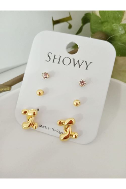 Gold 3 Lü Set Gold Düğüm Kadın Küpe