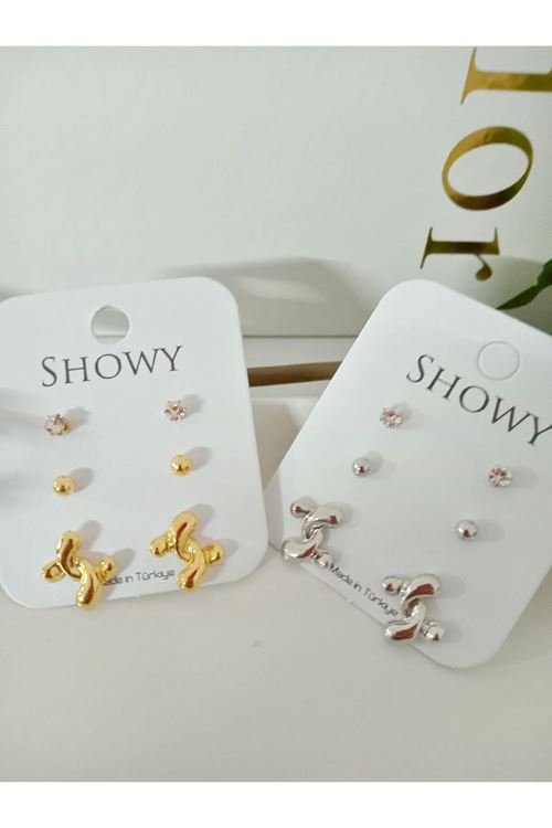 Gold 3 Lü Set Gold Düğüm Kadın Küpe