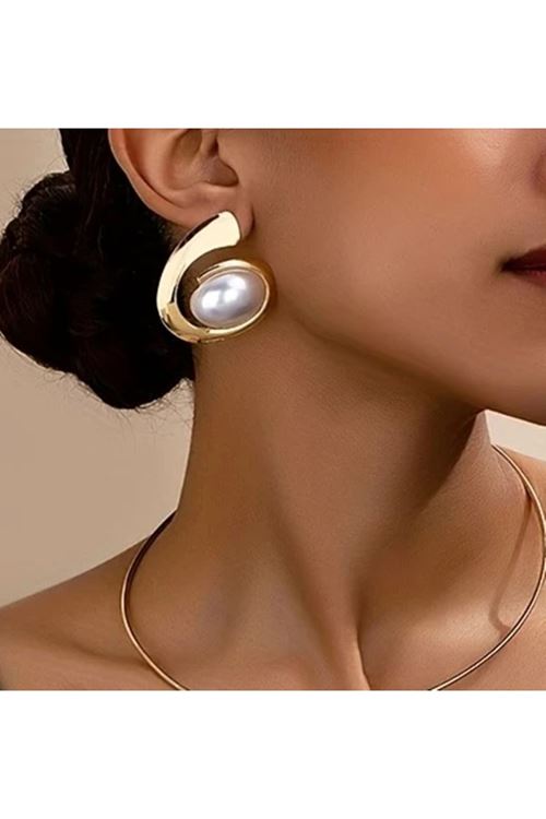 Gold Beyaz İnci Spiral Şık Kadın Küpe