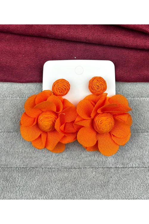 Turuncu Yaz Modası Kumaş Çiçek Kadın Küpe