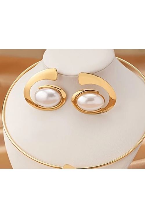 Gold Beyaz İnci Spiral Şık Kadın Küpe