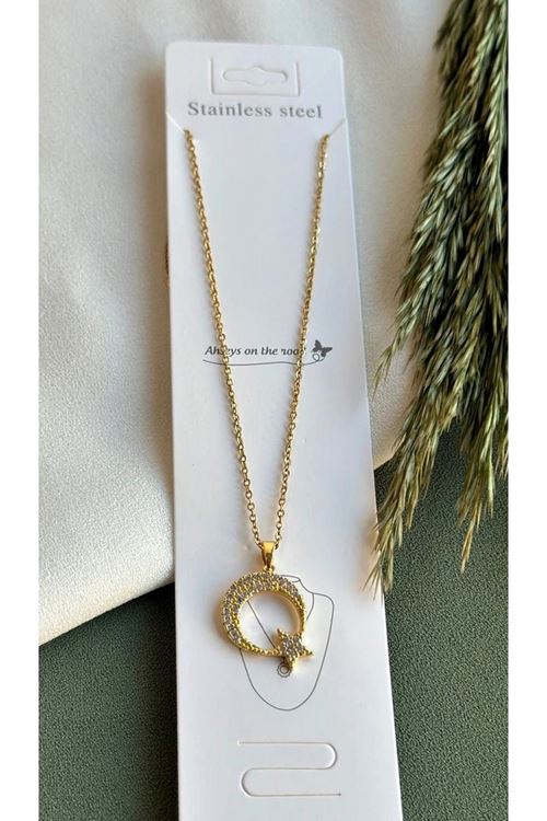 Çelik Gold Zirkon Ay Yıldız Kolye