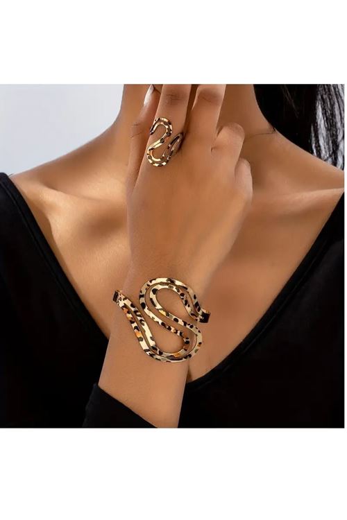 Leopar 2 Parça Vintage Bilezik Yüzük Seti