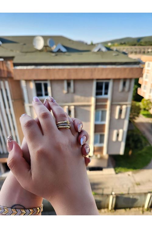 Çelik 3 Lü Halka Elegance Gold Taşlı Zincir Yüzük, Tek Ebat