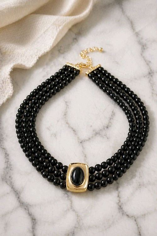 Siyah İncili Taşlı Choker Kolye