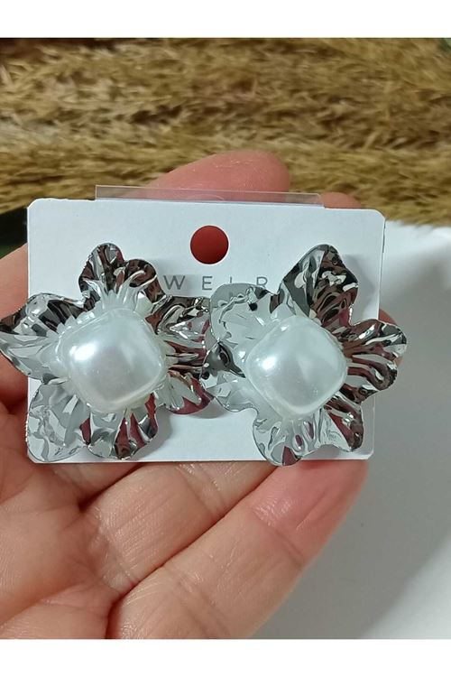 Gümüş İncili Çiçek Tasarım Şık Kadın Küpe