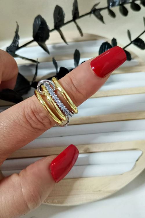 Çelik 4 Lü Halka Elegance Gold Taşlı Zincir Yüzük, Tek Ebat
