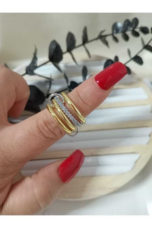 Çelik 4 Lü Halka Elegance Gold Taşlı Zincir Yüzük, Tek Ebat