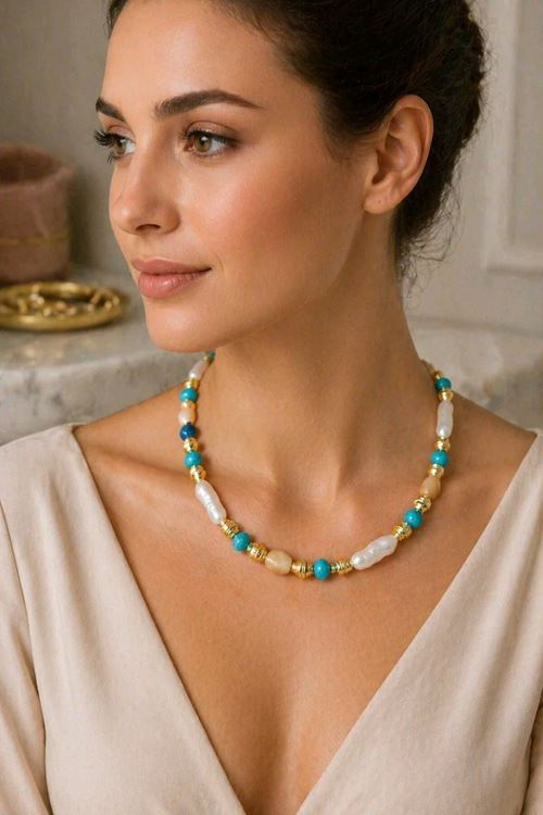 Mavi Gold Boncuklu İnci Kolye