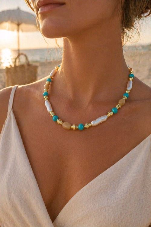 Mavi Gold Boncuklu İnci Kolye