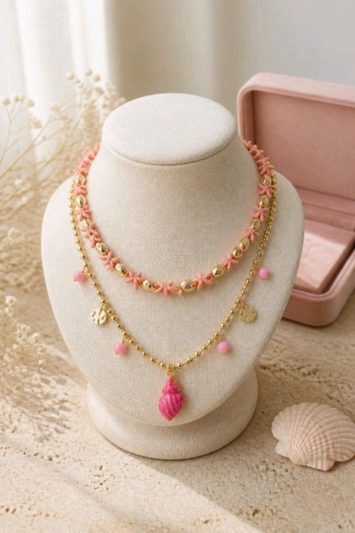 Pembe Deniz Yıldızı Çiftli Kolye