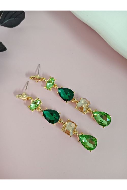 Yeşil Detaylı Kristal Taşlı Sallantılı Küpe