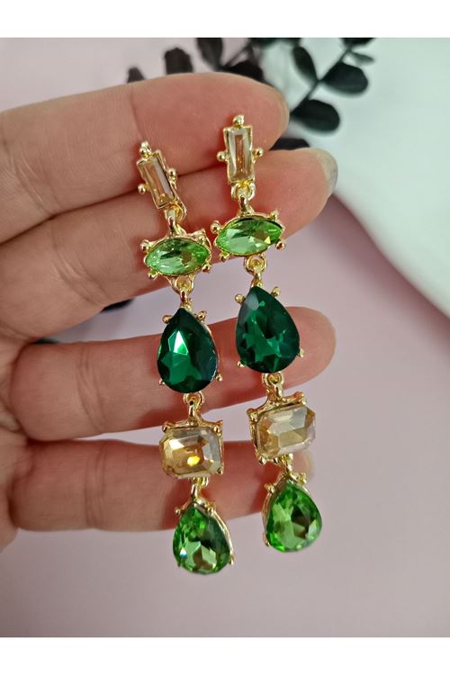 Yeşil Detaylı Kristal Taşlı Sallantılı Küpe