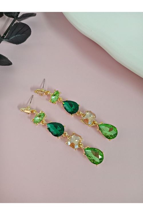 Yeşil Detaylı Kristal Taşlı Sallantılı Küpe