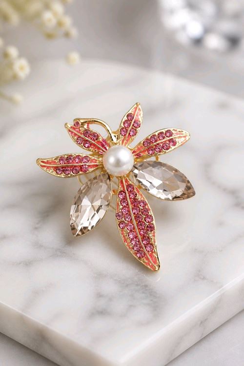 Pembe Taşlı Çiçek Gold Broş, Genişlik: 4cm Yükseklik:5cm
