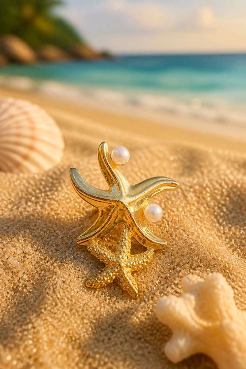 Gold İncili Deniz Yıldızı Broş, Uzunluk: 5cm, Genişlik: 3,5cm