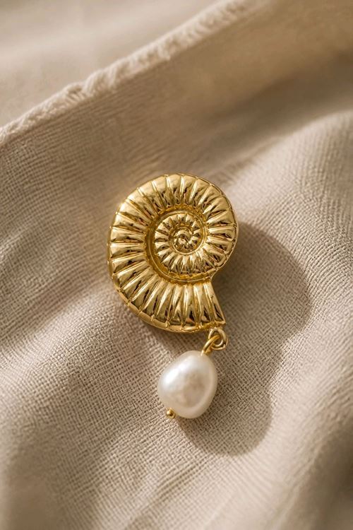 Gold İncili Deniz Kabuğu Broş, Uzunluk: 4,5cm, Genişlik: 2,5cm
