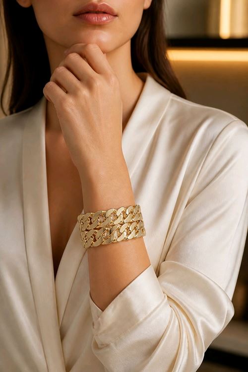 14K Gold Çift Zincir Tasarım Bileklik Kelepçe
