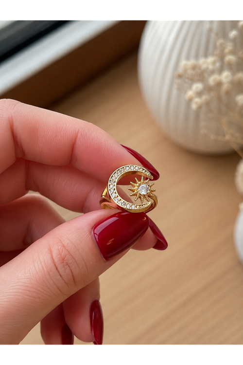Gold Taşlı Ay ve Güneş Yüzük, Ayarlanabilir