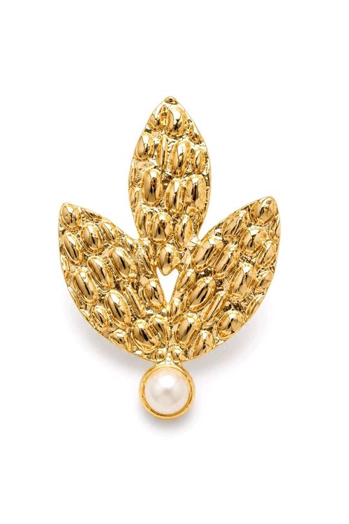 Gold İncili Vintage Yaprak Broş, Uzunluk: 4,5cm, Genişlik: 3cm