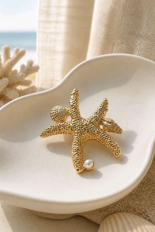 Gold Deniz Yıldızı Midye  Broş, Uzunluk: 5cm, Genişlik: 4,5cm