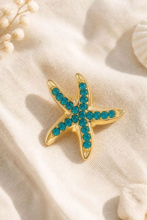 Gold Mavi Taşlı Deniz Yıldızı Broş, Uzunluk: 4,5cm, Genişlik: 4cm