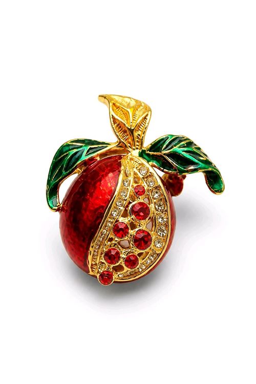 Gold Kırmızı Taşlı Nar Broş, Uzunluk: 4cm, Genişlik: 3,5cm