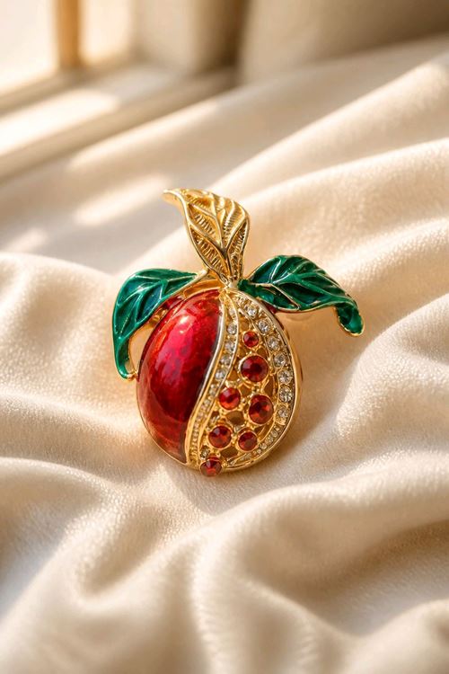 Gold Kırmızı Taşlı Nar Broş, Uzunluk: 4cm, Genişlik: 3,5cm