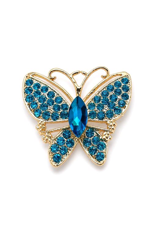 Gold Mavi Taşlı Kelebek Broş, Uzunluk: 4cm, Genişlik: 4cm