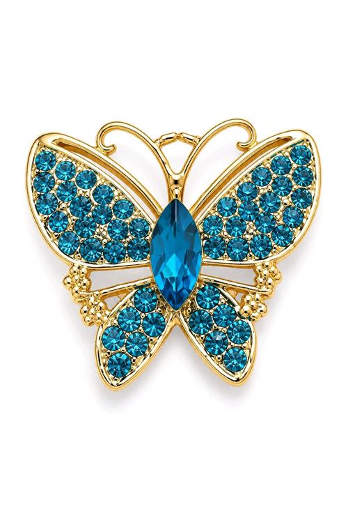 Gold Mavi Taşlı Kelebek Broş, Uzunluk: 4cm, Genişlik: 4cm