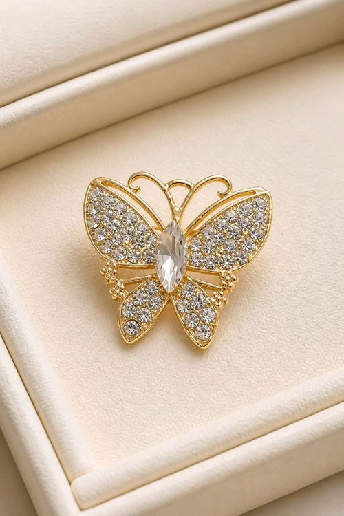 Gold Beyaz Taşlı Kelebek Broş, Uzunluk: 4cm, Genişlik: 4cm 