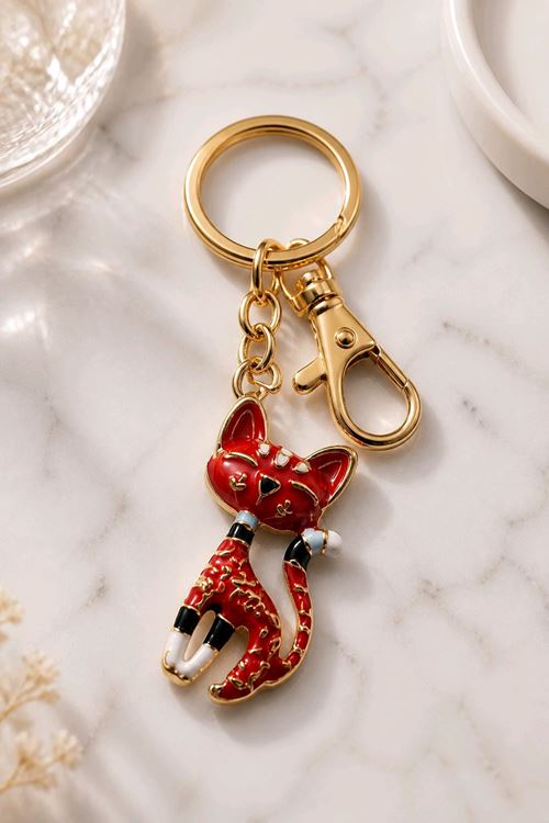 Kırmızı Kedi Anahtarlık ve Çanta Aksesuarı, Uzunluk: 9cm  