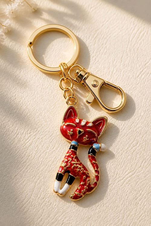 Kırmızı Kedi Anahtarlık ve Çanta Aksesuarı, Uzunluk: 9cm  