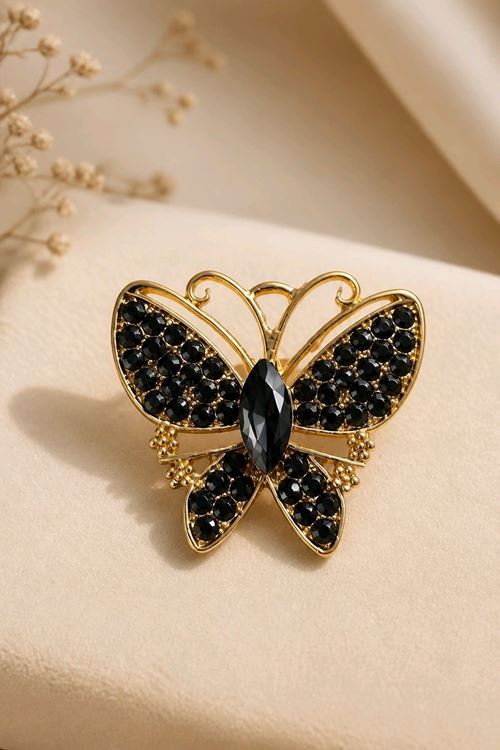 Gold Siyah Taşlı Kelebek Broş, Uzunluk: 4cm, Genişlik: 4cm 