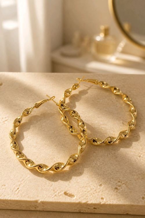 Çelik Gold 6cm Burgulu Halka Küpe, İthal