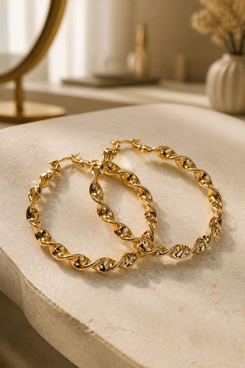 Çelik Gold 6cm Burgulu Halka Küpe, İthal