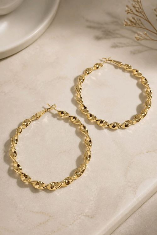 Çelik Gold 6cm Burgulu Halka Küpe, İthal