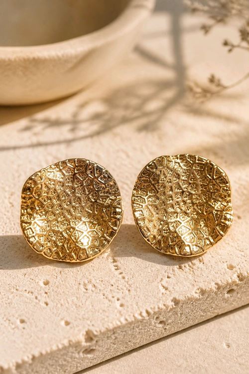 Gold Dokulu Yüzey Tasarım Küpe, Çap:2.5cm