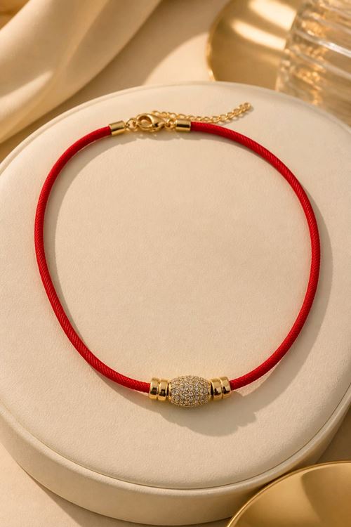 Kırmızı İp Gold Charm Kolye, 40cm+5cm