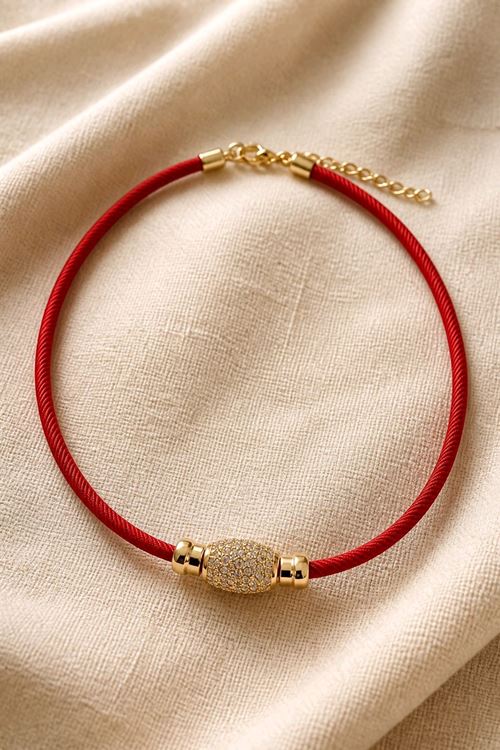 Kırmızı İp Gold Charm Kolye, 40cm+5cm