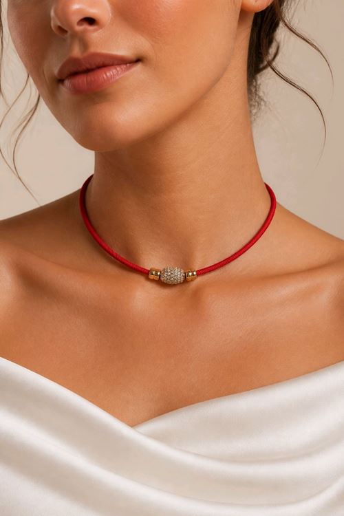 Kırmızı İp Gold Charm Kolye, 40cm+5cm