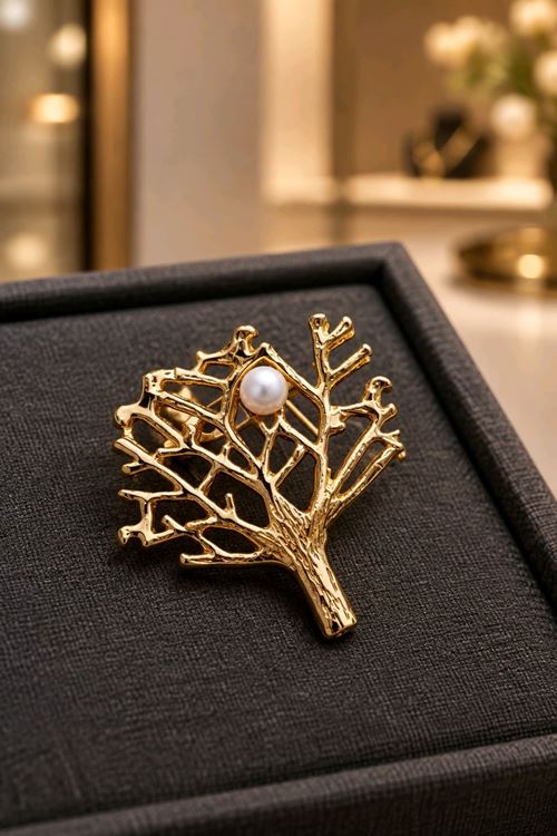 Gold Hayat Ağacı Broş, Uzunluk:4cm, Genişlik:5cm
