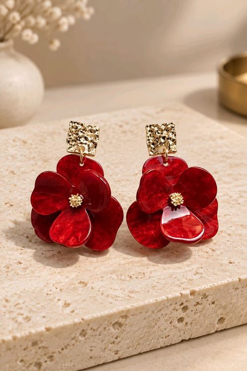 Kırmızı Akrilik Küpe, Uzunluk:5cm,  Genişlik:3cm 