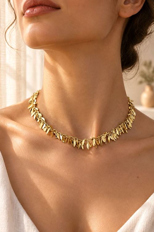 Gold Yapraklar Kararmaz Kolye, Uzunluk: 40+5cm 