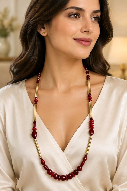 Bordo Boncuklu Gold Kararmaz Kolye, Hafif