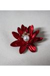 Vintage Esintili İnci Detaylı Kırmızı Lotus  Elegant Şık Broş