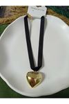 Şık Seksi Aşk Kalp Kolye Siyah Flanel Kayışlı Choker , Gold Kalp Kolye