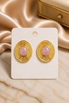 Gold Pembe Mineli Oval Küpe, Uzunluk:2cm