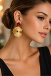 Gold Bordo Mineli Çiçek Küpe